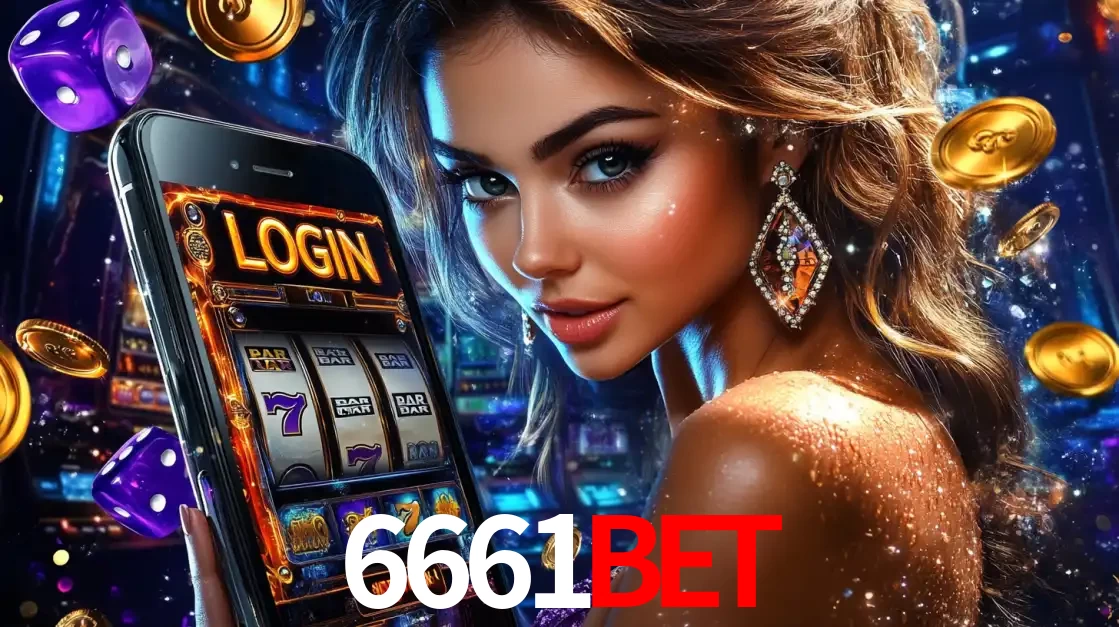 Mulher glamorosa segurando um smartphone com a tela de login para os jogos de caça-níqueis do cassino online 6661bet, com moedas de ouro e dados ao redor.