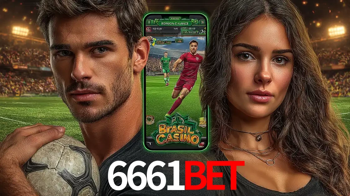 Homem segurando uma bola de futebol e uma mulher ao lado de um smartphone exibindo o jogo de apostas esportivas da 6661bet. Faça seu palpite no cassino online.